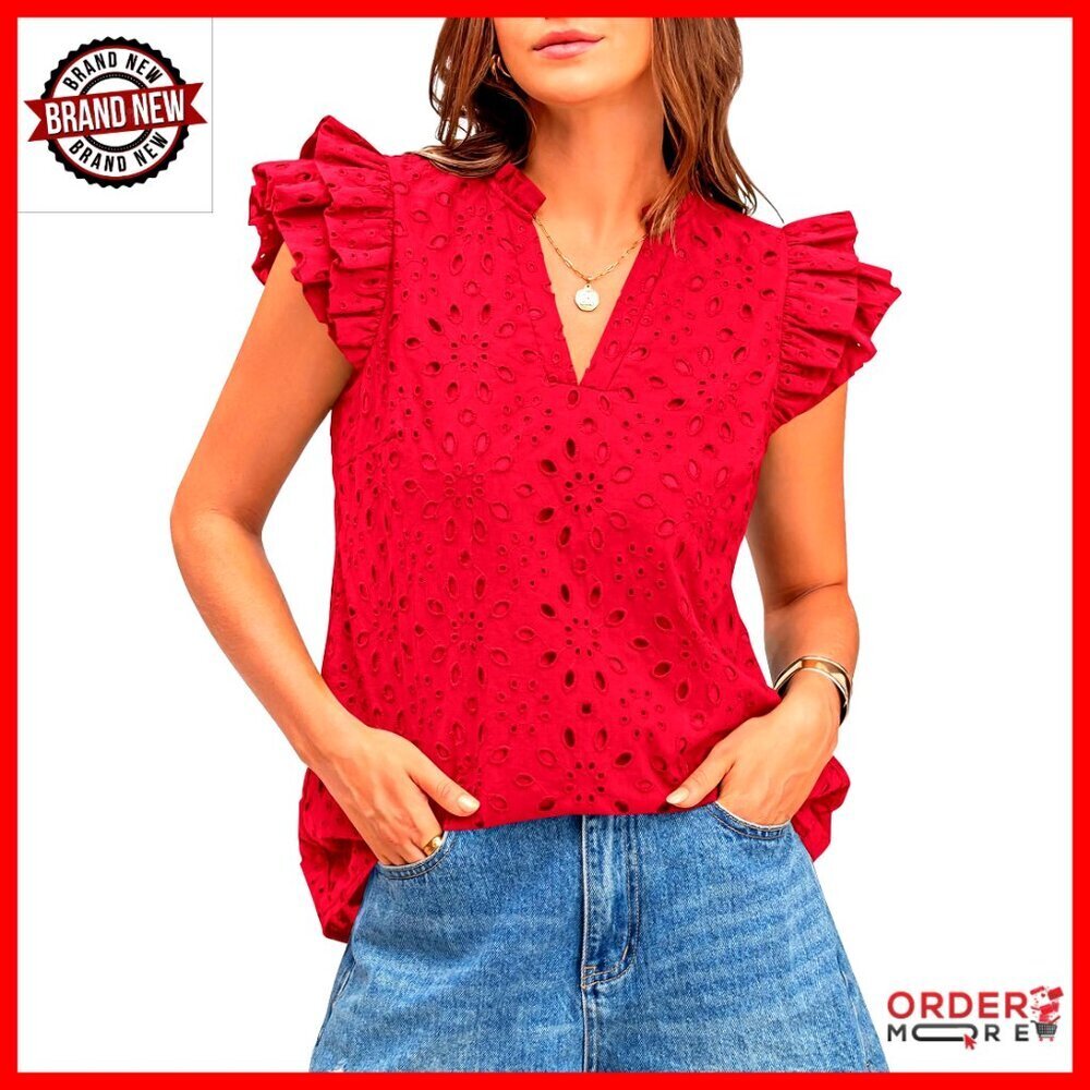 V-Neck Embroidered Eyelet Blouse with Ruffle Cap Sleeves